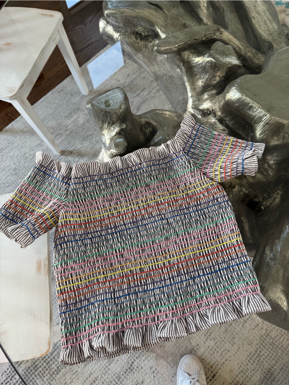 Lulu's Cream Smocked Off-Shoulder Top with Rainbow Stripes